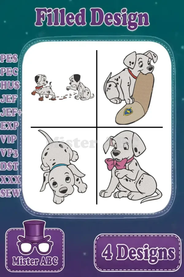 A vibrant image displaying four unique filled embroidery designs of adorable 101 Dalmatians puppies in various playful poses.