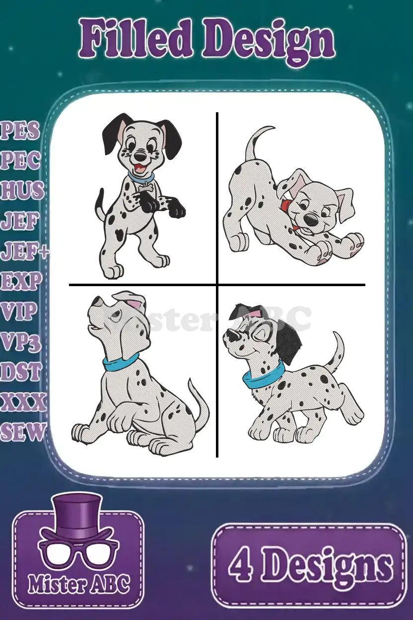 Main product image showing four distinct filled embroidery designs of cute Dalmatian puppies, ready for stitching.
