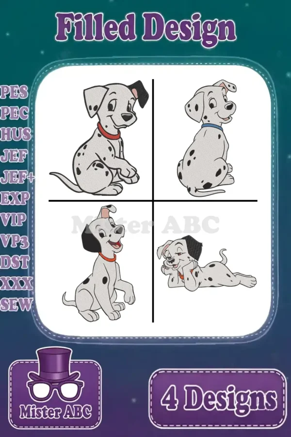 Four adorable filled embroidery designs of Dalmatian puppies in different poses, showcasing digital stitch files.