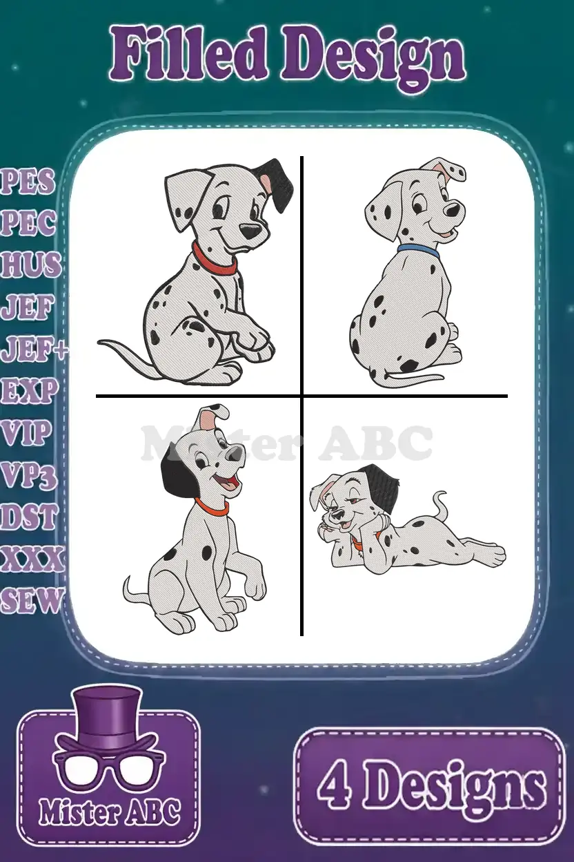 Four adorable filled embroidery designs of Dalmatian puppies in different poses, showcasing digital stitch files.