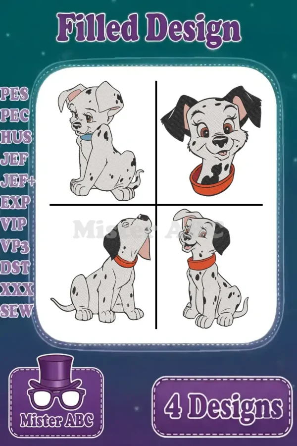 A bundle of four delightful filled embroidery designs showcasing different poses of adorable Dalmatian puppies, ready to stitch.