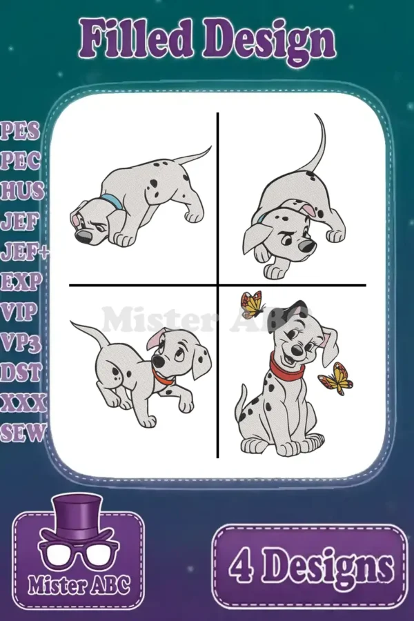 Four adorable 101 Dalmatians puppy embroidery designs, filled stitch type, shown with supported file formats like PES, JEF, DST.