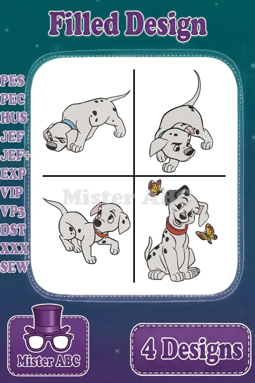 Four adorable 101 Dalmatians puppy embroidery designs, filled stitch type, shown with supported file formats like PES, JEF, DST.