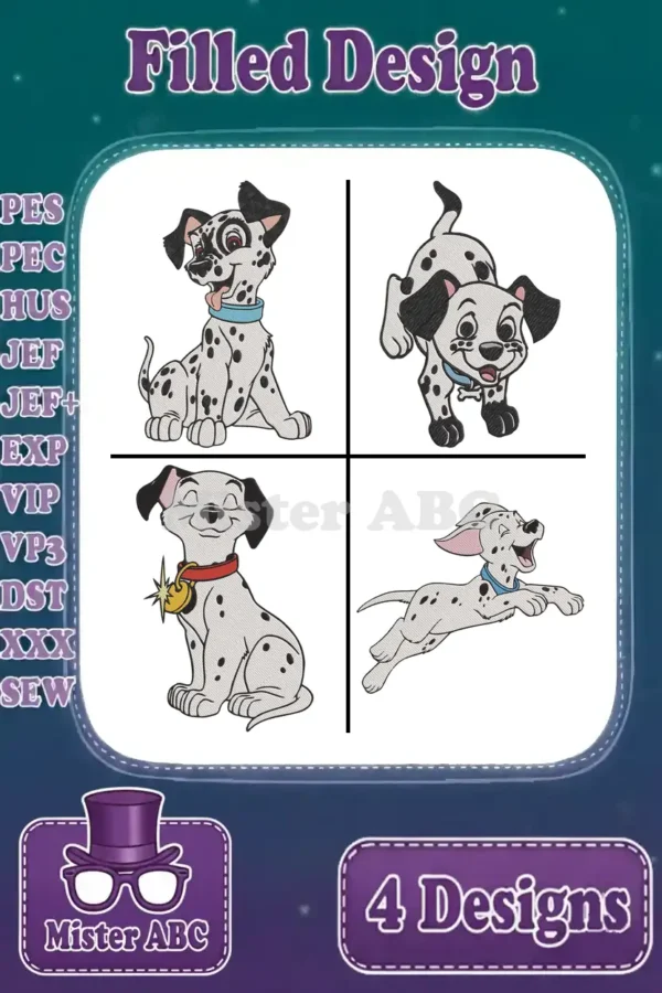 Four vibrant filled embroidery designs of adorable Dalmatian puppies in various playful and happy poses, showcasing a versatile bundle.