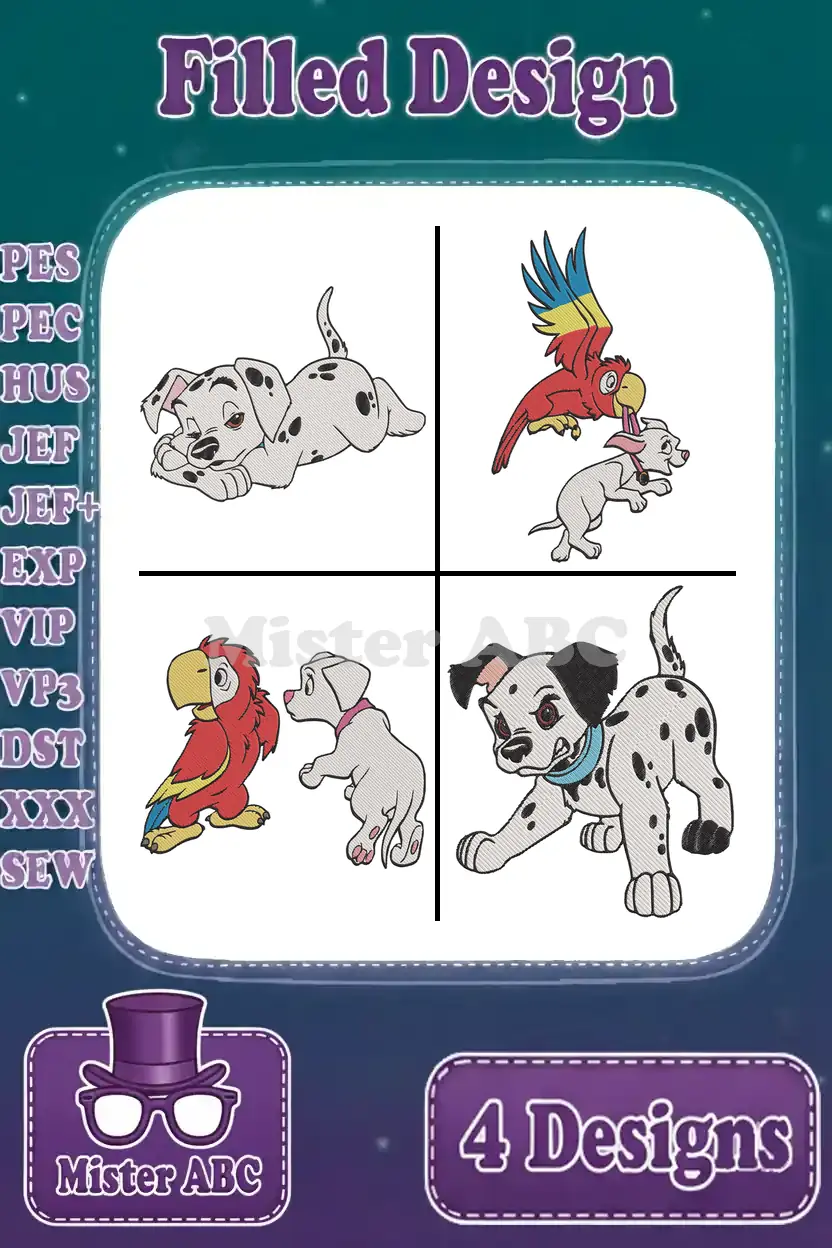 Four vibrant filled embroidery designs featuring playful Dalmatian puppies and colorful parrots, presented with available stitch formats.