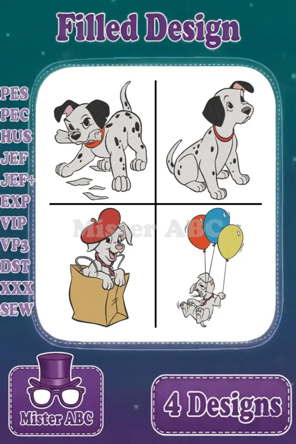 Four vibrant filled embroidery designs featuring playful 101 Dalmatians puppies in various delightful poses.