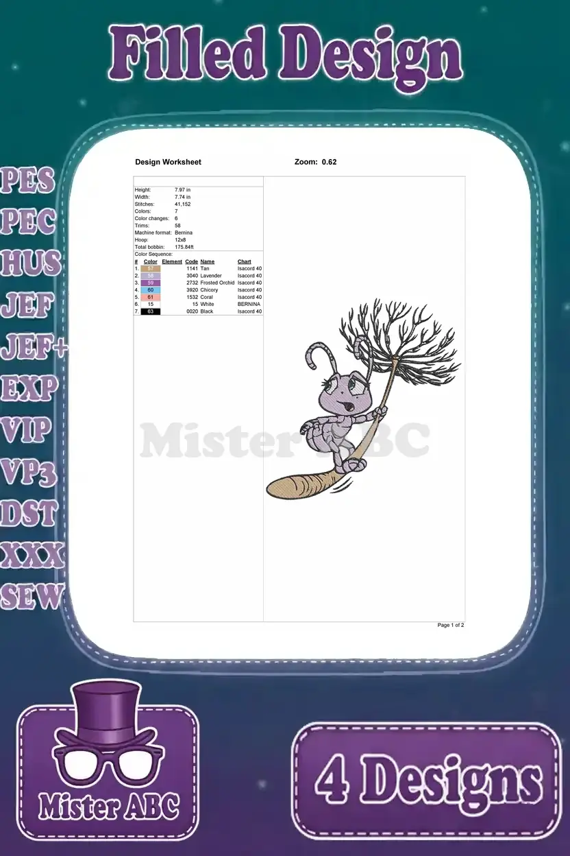 Embroidery worksheet for Princess Dot, the purple ant with a broom, detailing design dimensions, stitch count, and colors.