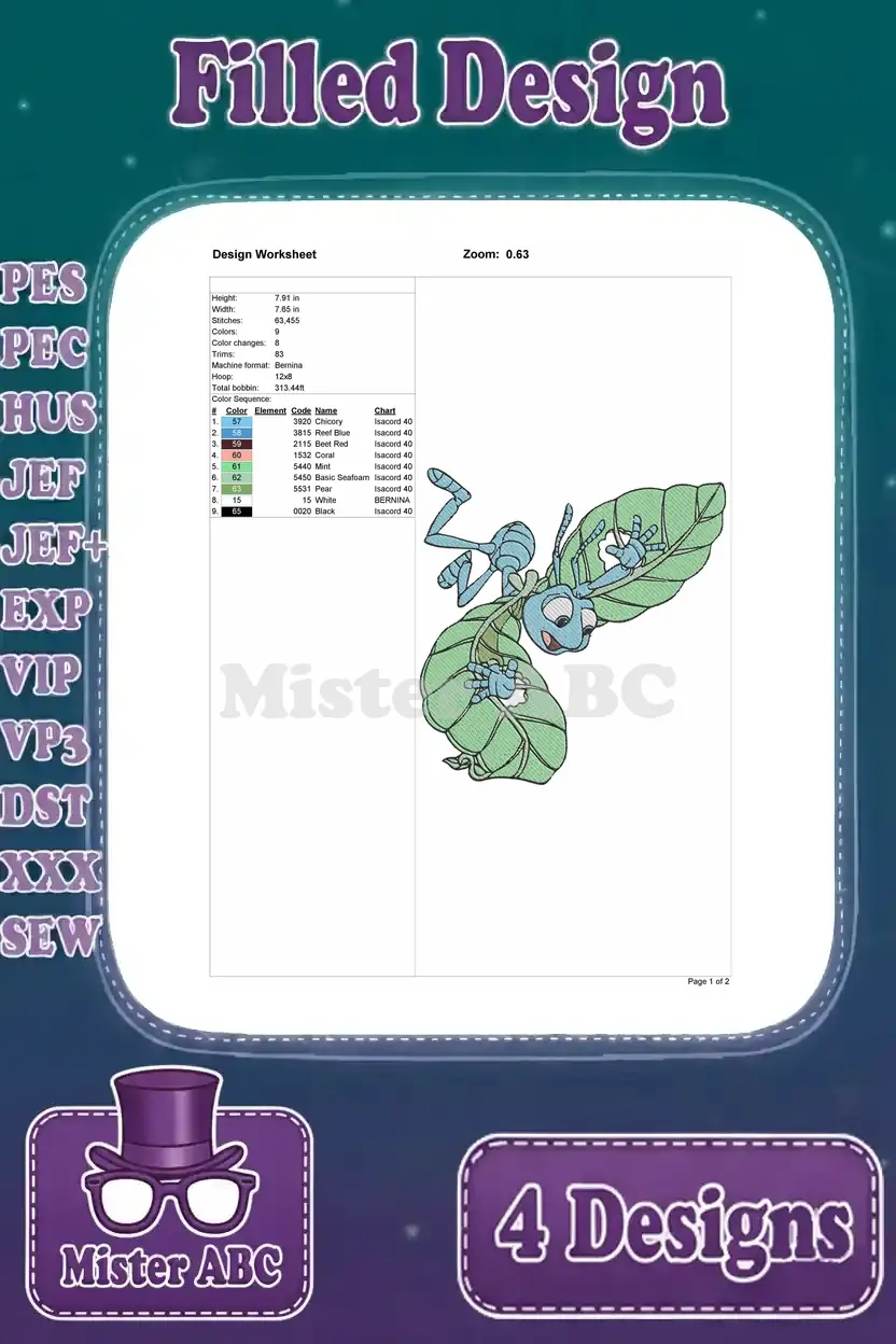 Design worksheet detailing the Flik on a leaf embroidery design, including stitch count and color chart.