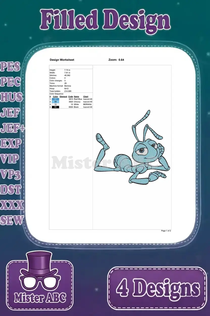 Design worksheet for the reclining Flik embroidery design, showing dimensions and color specifications.