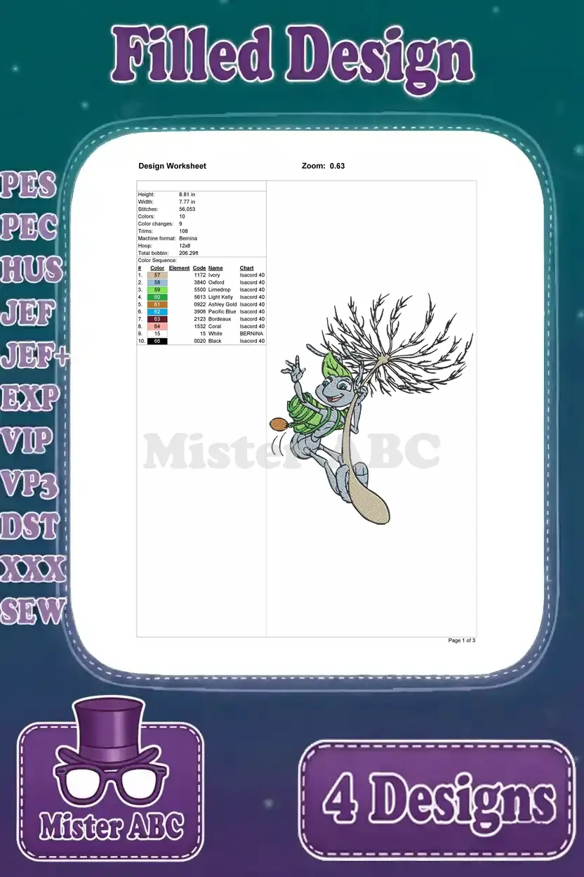 Design worksheet for the swinging Flik embroidery design, including technical specifications.