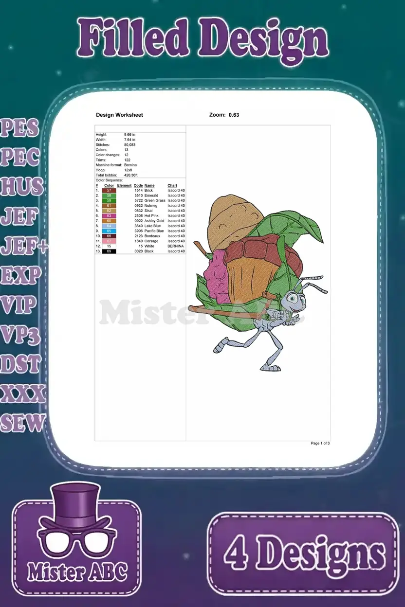 Design worksheet for the Flik carrying acorn embroidery design, with stitch and color information.