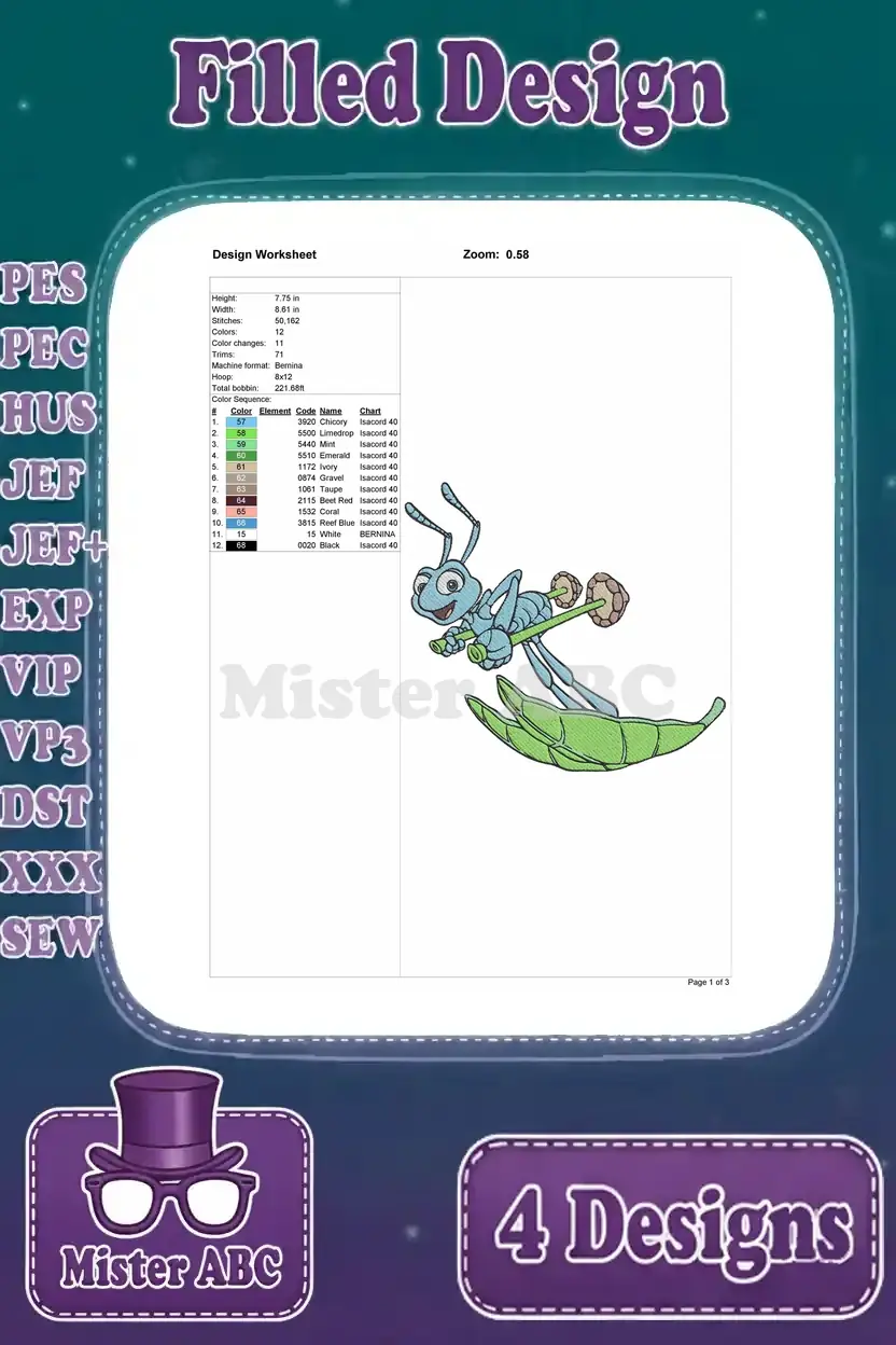 Detailed embroidery design worksheet for an animated blue ant character holding a green pea pod.