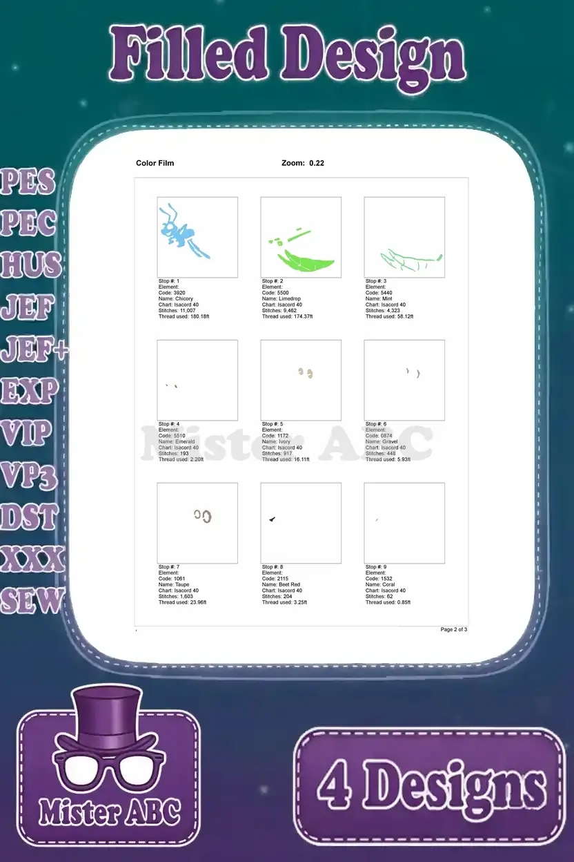 First page of the color film for the 'Flik with Pea Pod' embroidery design, showing thread stops.