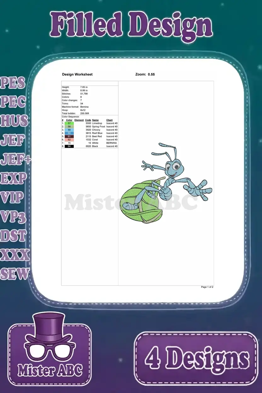 Detailed embroidery design worksheet for an animated blue ant character holding a green leaf.