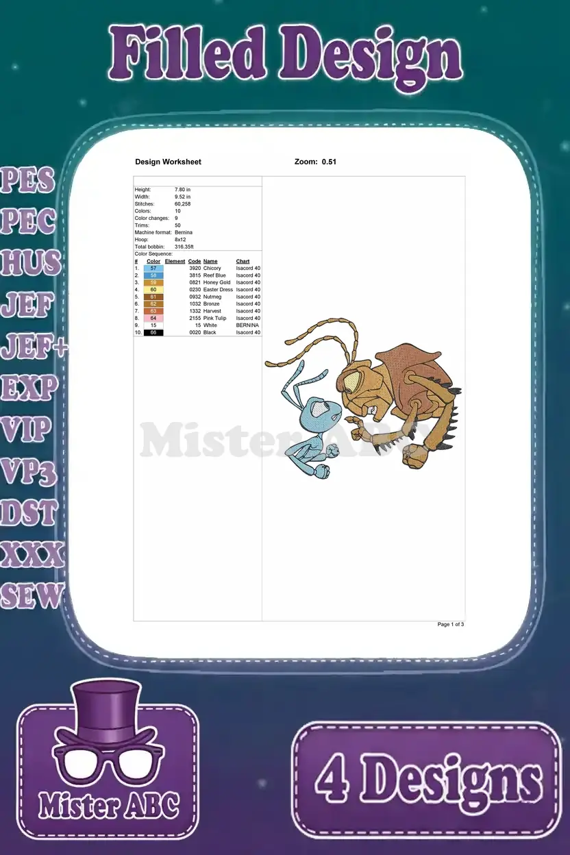 Design worksheet for the first embroidery design featuring Flik and Hopper standing, detailing stitch count and color sequence.