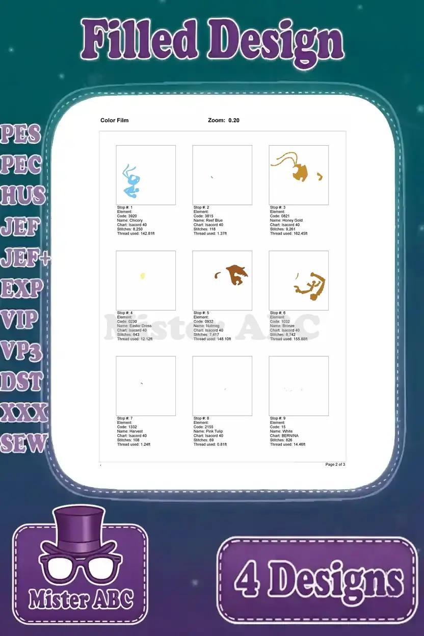 Color film page one for the first Flik and Hopper embroidery design, showing thread stop order and color progression.