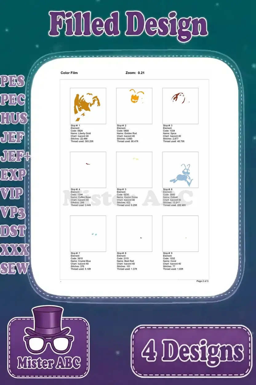 Color film page one for the third Flik and Hopper embroidery design, showing thread stop order and color progression.