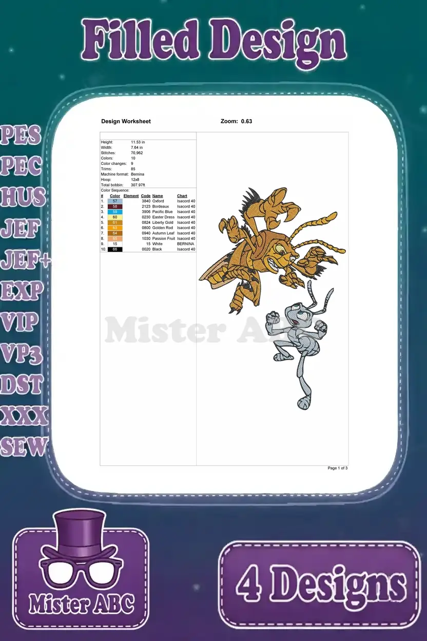 Design worksheet for the fourth embroidery design featuring Flik and Hopper struggling, detailing stitch count and colors.