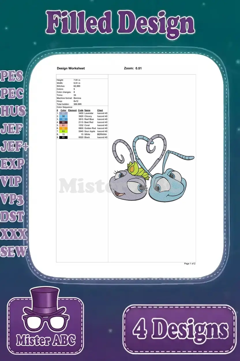 Worksheet for the Flik and Atta heart antennae embroidery design, including thread and size information.
