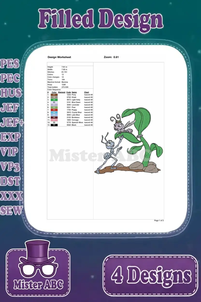 Design worksheet for the Flik climbing a leaf with Atta embroidery, showing all technical specifications.
