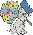 Disney 101 Dalmatians Puppy With Flowers Newspaper Hat Pups Sitting - Filled Embroidery Design - 25