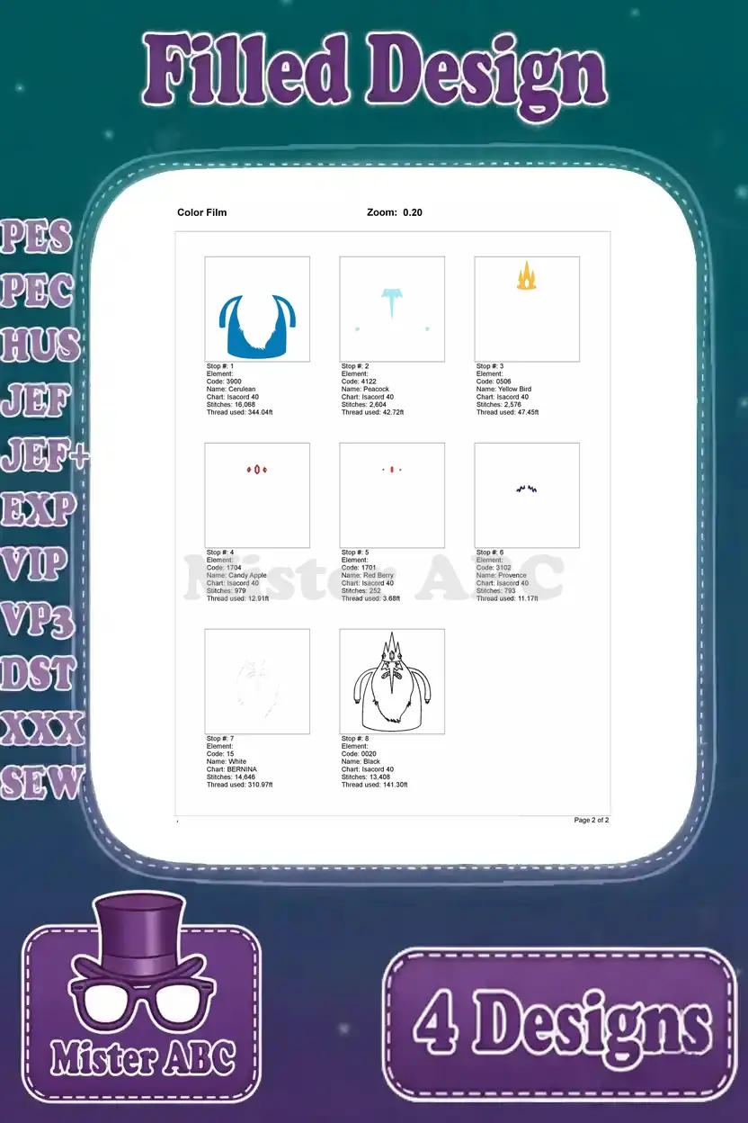 Color film breakdown for the Ice King embroidery design, illustrating the stitch order for each specific thread color.