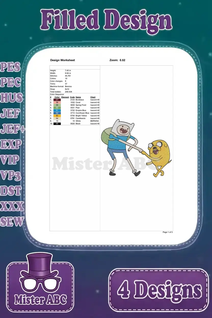 Detailed embroidery worksheet for the Finn and Jake playing design, with size, stitch count, and complete color sequence info.