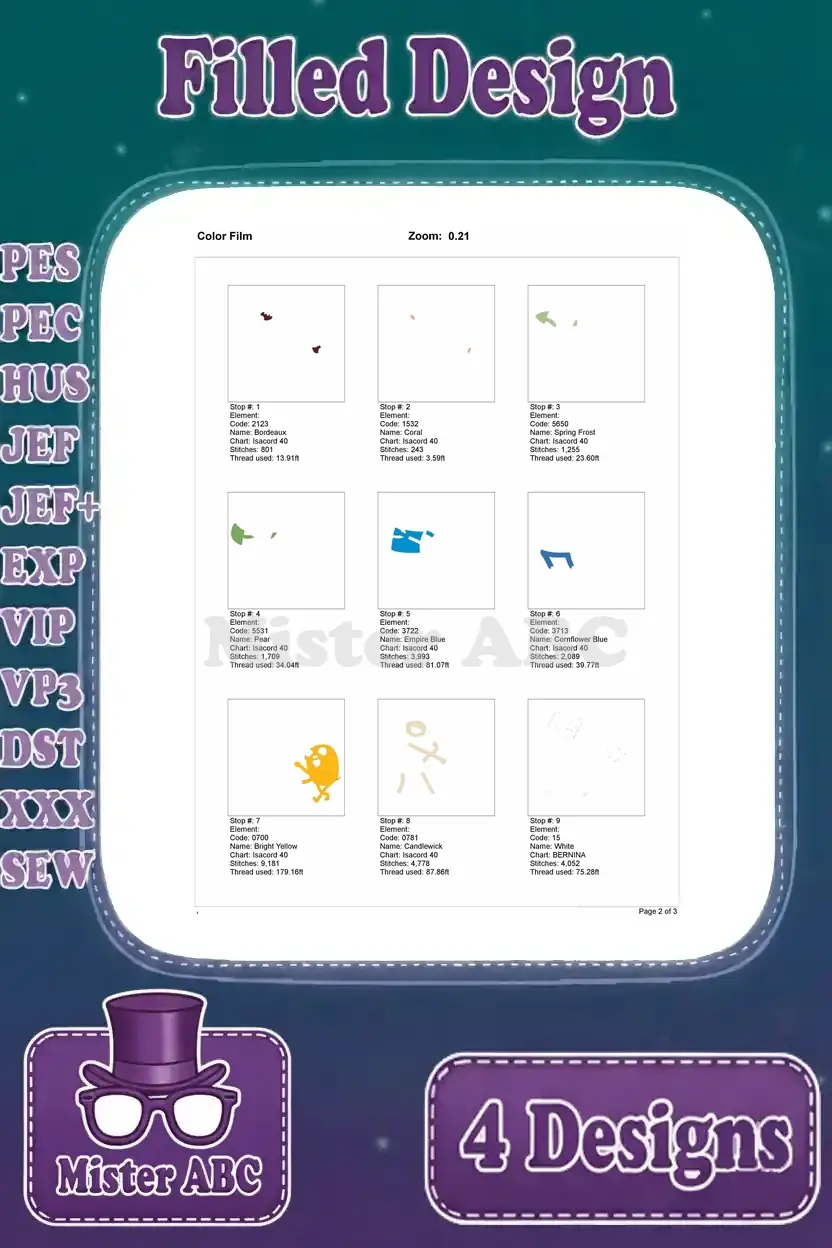 First page of the color film for Finn and Jake playing design, showing initial thread color stops and stitch order.