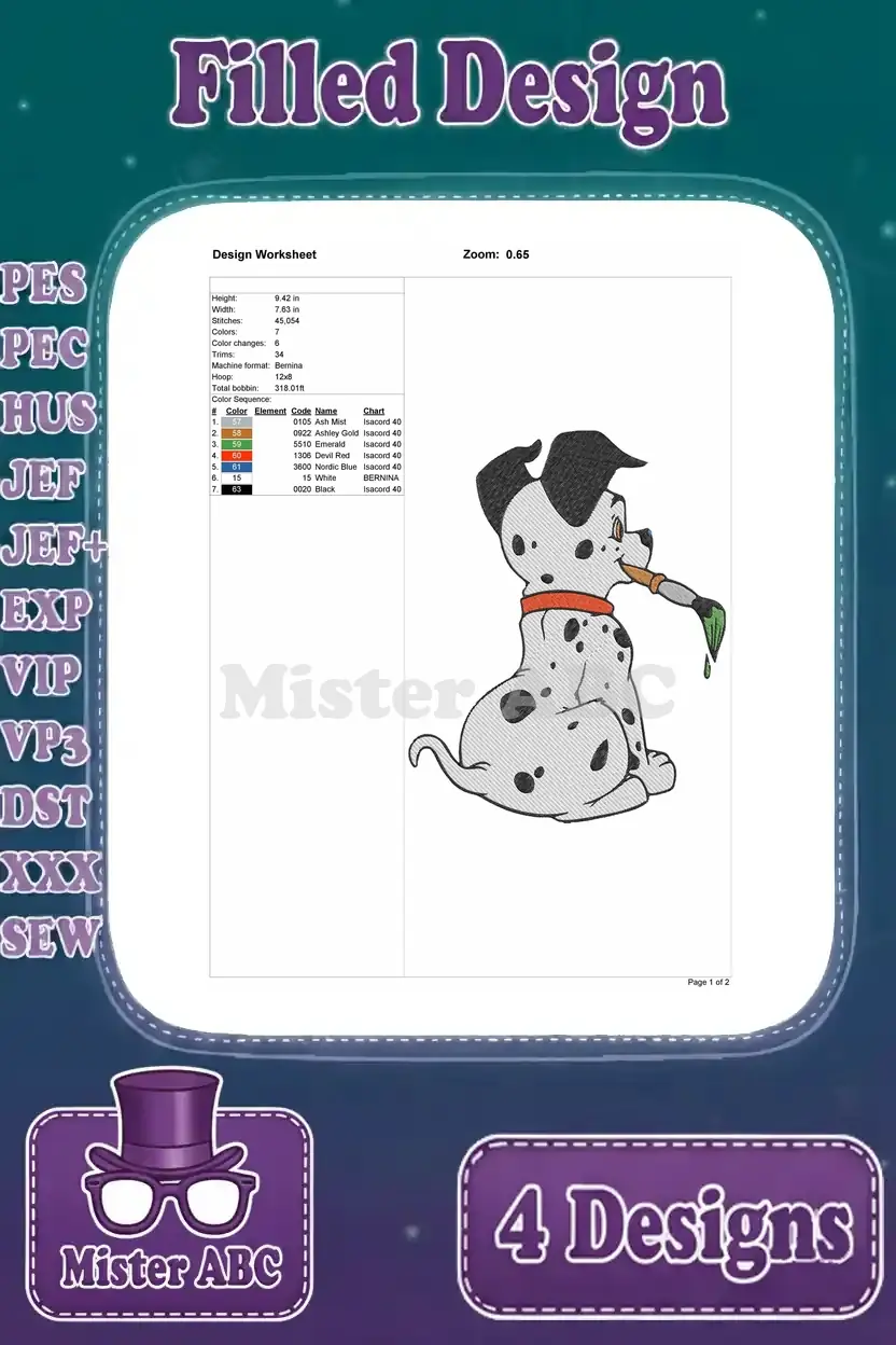 Detailed design worksheet for the Patch puppy holding a paintbrush, showing stitch count and color sequence.