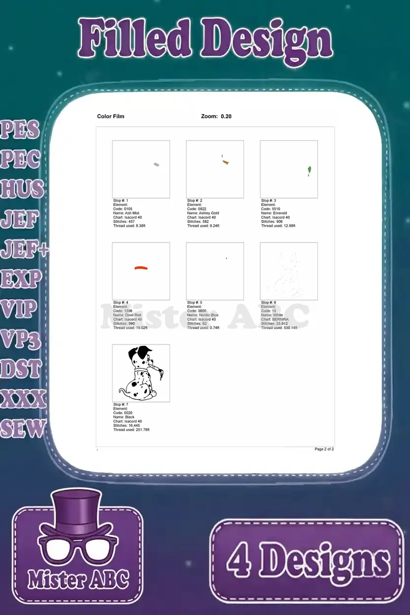 Color film sequence for the Patch puppy with paintbrush design, illustrating the embroidery layering process.