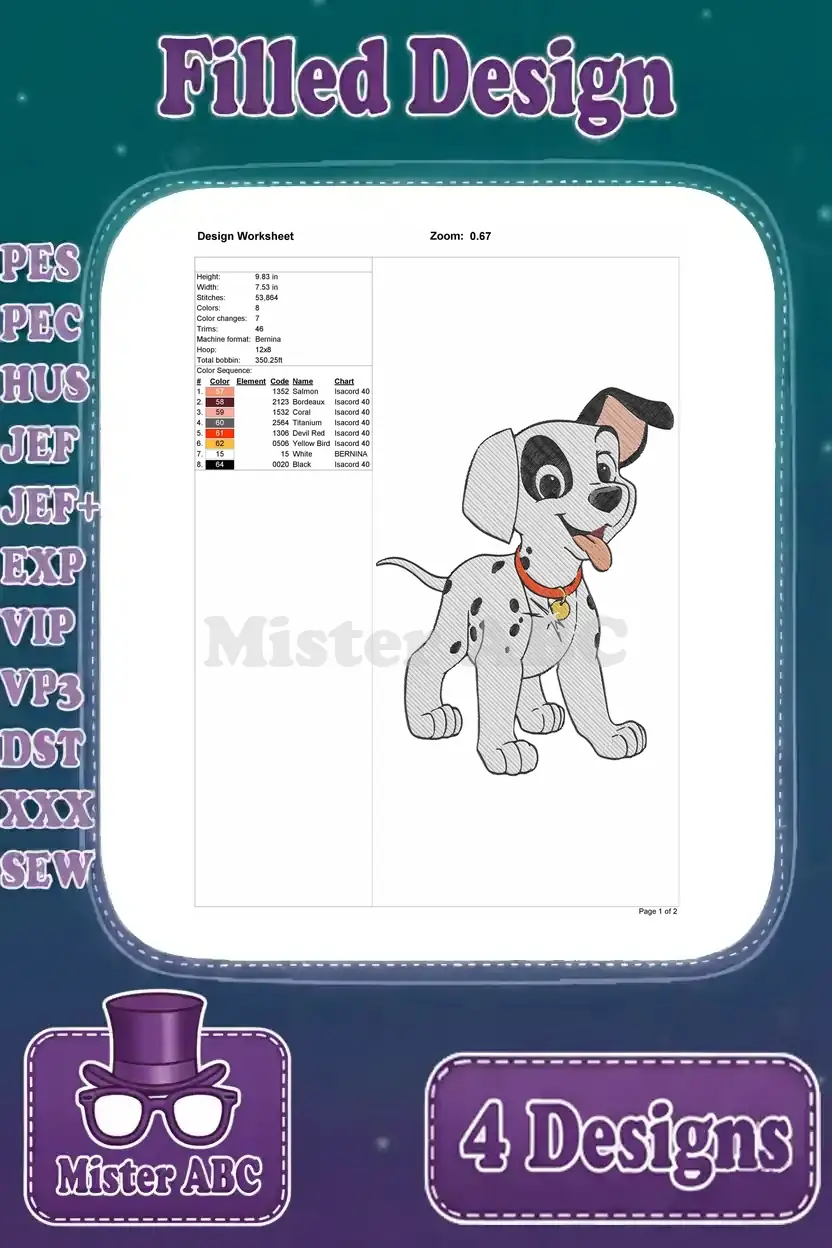 Detailed design worksheet for the standing Patch puppy with tongue out, showing stitch count and color sequence.