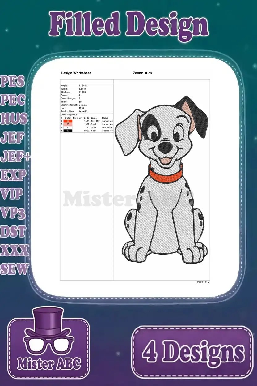 Detailed design worksheet for the sitting Patch puppy, showing stitch count, dimensions, and color sequence.