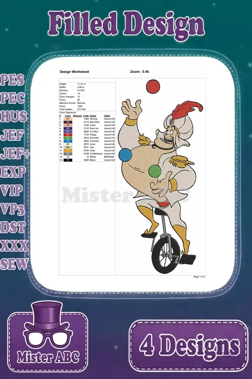 Detailed design worksheet for the Genie juggling embroidery, outlining stitch count, color sequence, and precise dimensions.