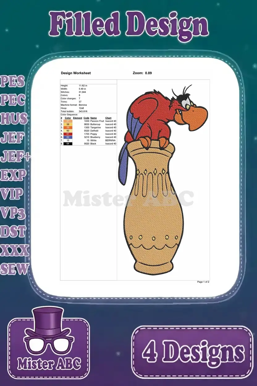 Detailed design worksheet for the Iago on a vase embroidery, outlining stitch count, color sequence, and precise dimensions.