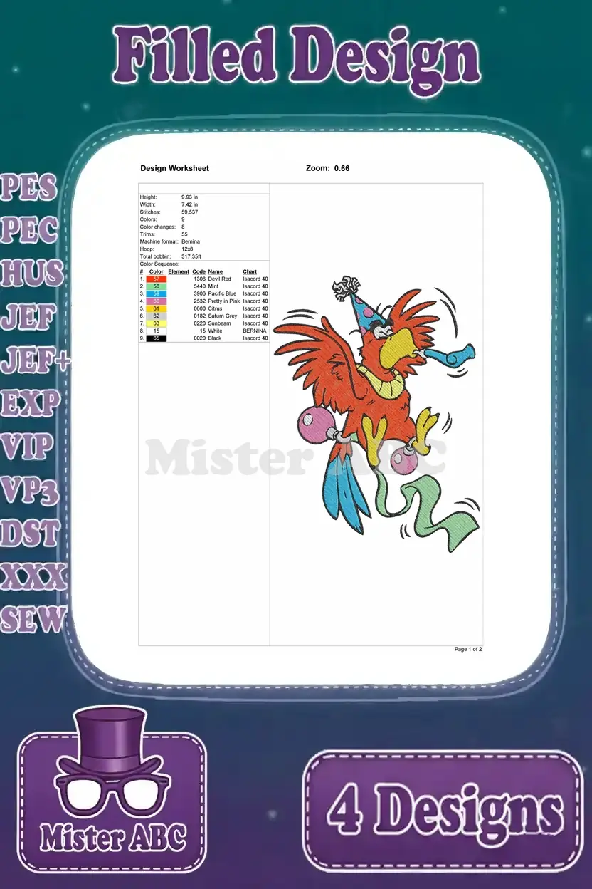 Detailed design worksheet for the partying Iago embroidery, outlining stitch count, color sequence, and precise dimensions.