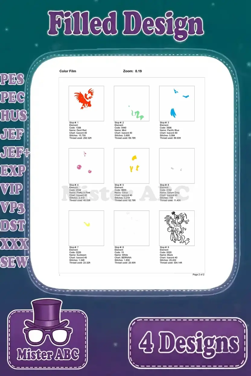 Complete color film for the partying Iago embroidery design, detailing all color stops and stitch sequences.