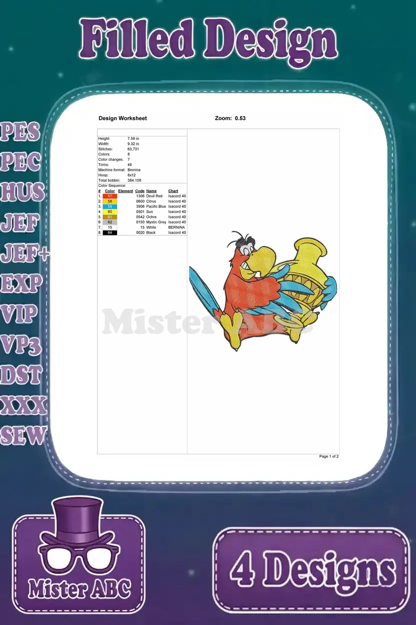 Detailed design worksheet for the Iago embroidery design clutching the magic lamp, showing stitch count and colors.