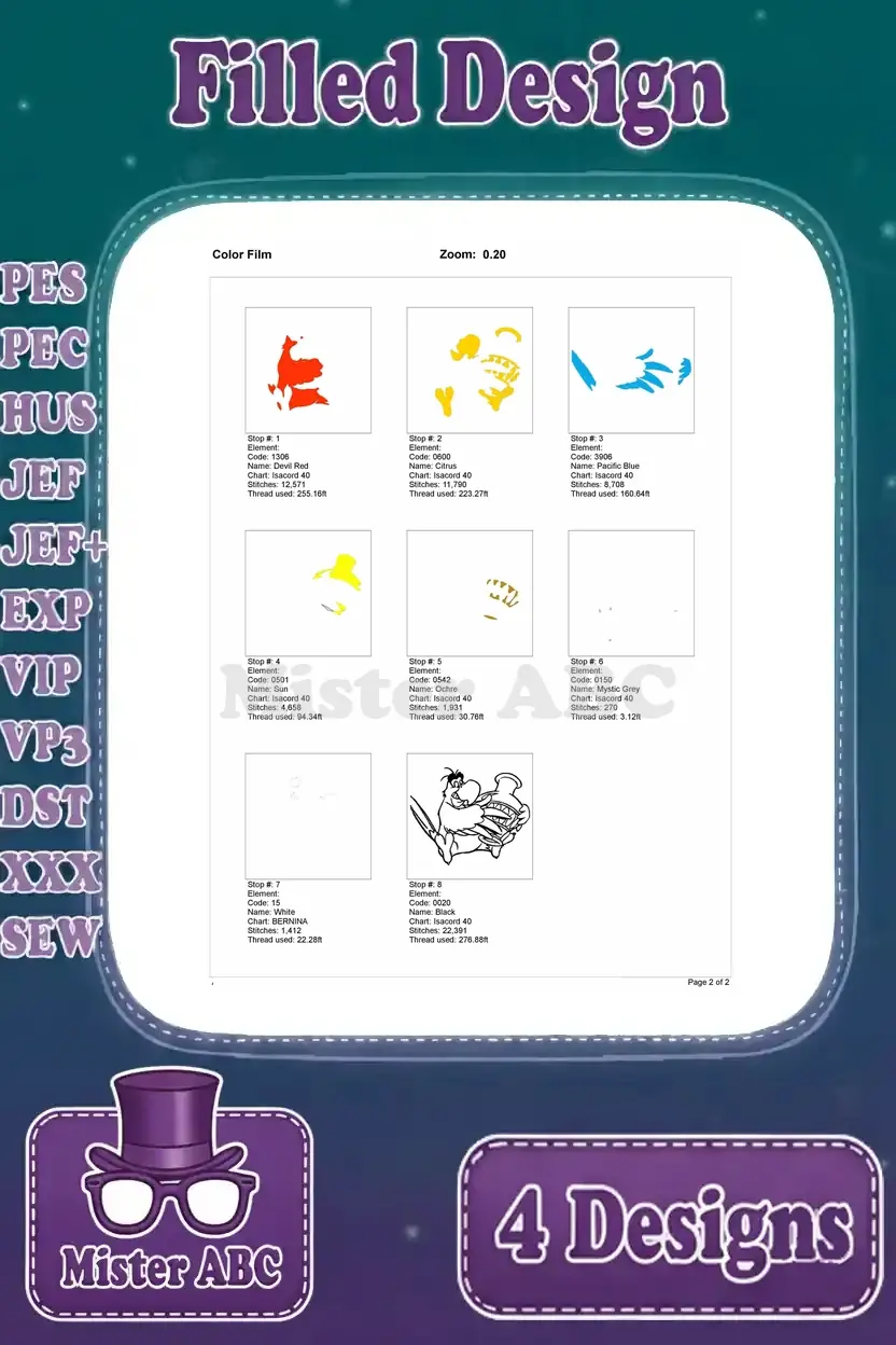Color film breakdown for the Iago embroidery design clutching the magic lamp, illustrating the stitching sequence.