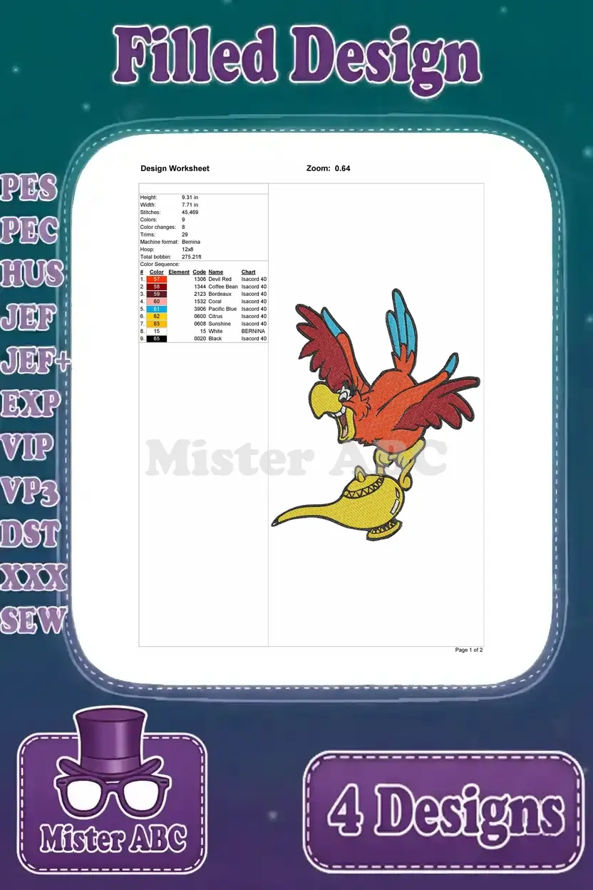 Detailed design worksheet for the Iago embroidery design flying with the magic lamp, showing stitch count and colors.