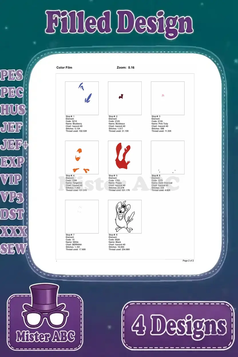 Color film breakdown for the screaming Iago embroidery design, illustrating the exact stitching sequence by color.