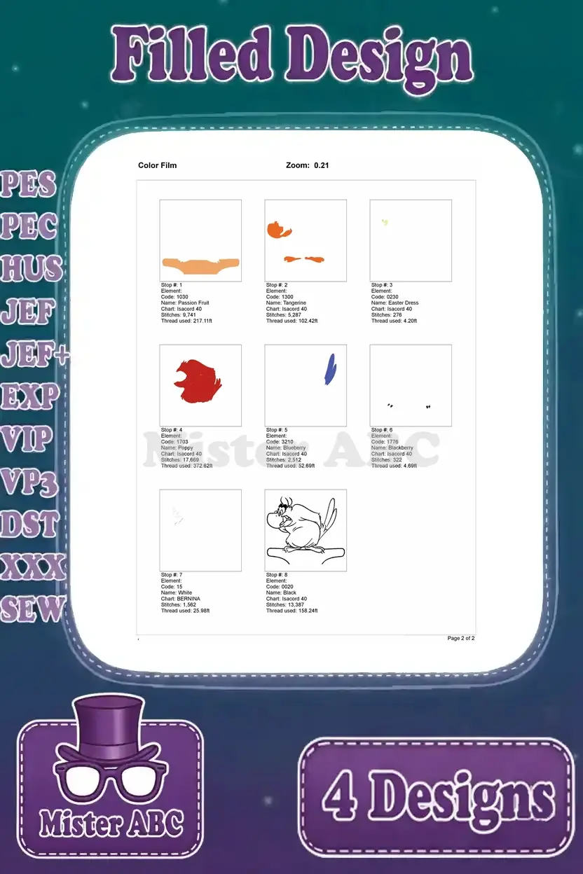Color film breakdown for the Iago on a perch embroidery design, illustrating the exact stitching sequence by color.