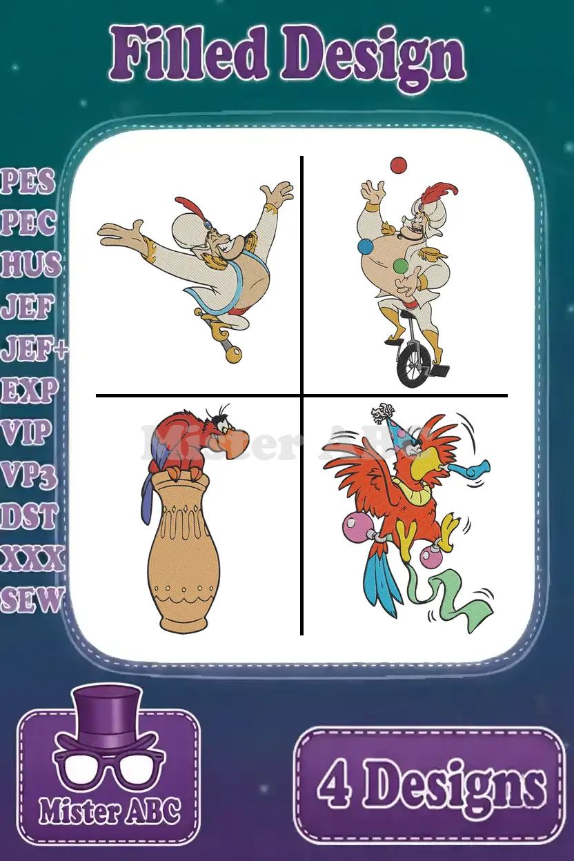 A vibrant collection of four filled embroidery designs featuring Genie and Iago in diverse, playful poses, ready for instant download.