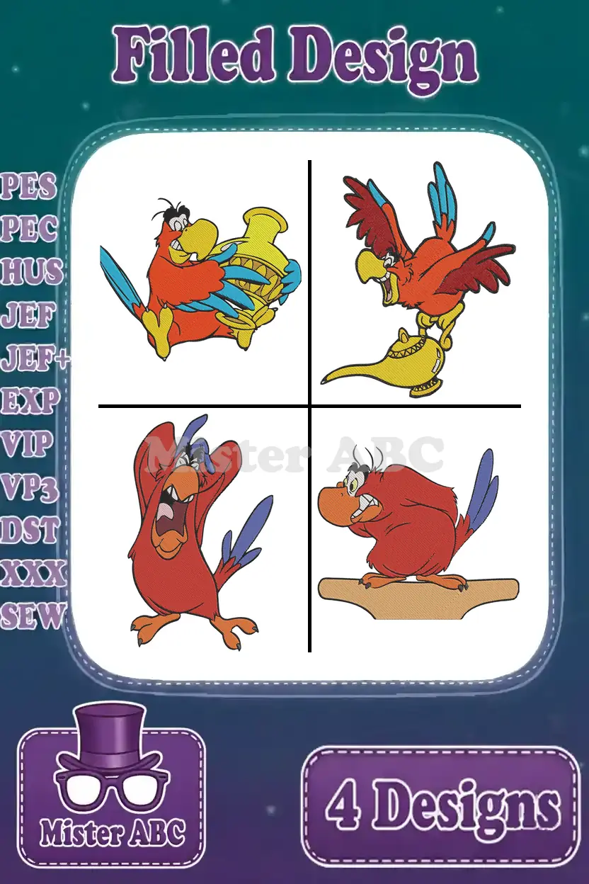 Four distinct Iago embroidery designs in a filled stitch style, showcasing the iconic parrot from Disney's Aladdin.
