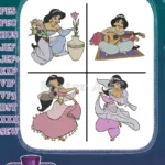 Aladdin Princess Jasmine In Various Attires Playing Lute And Holding Flowers - Filled Embroidery Design - Instant Download