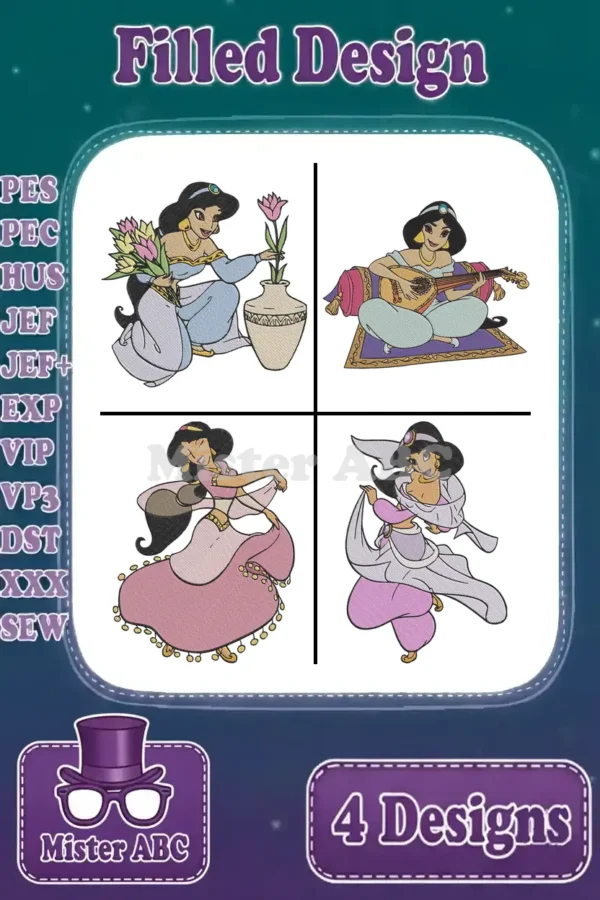 Four vibrant Princess Jasmine filled embroidery designs, showcasing unique poses for various creative projects and apparel.