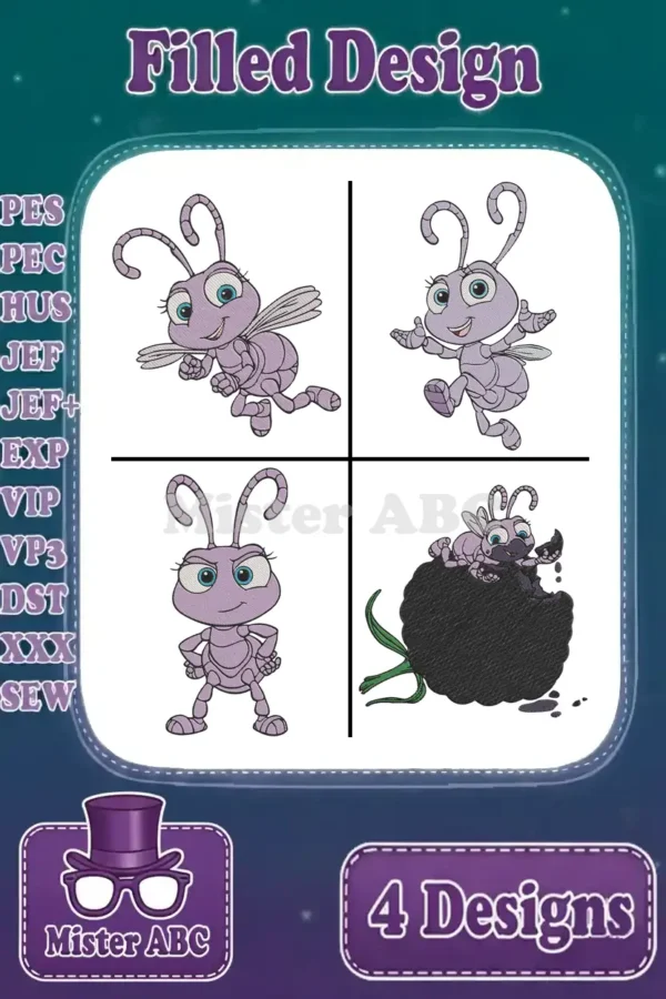 Main product image displaying four unique filled embroidery designs of a cute purple ant character in various poses.