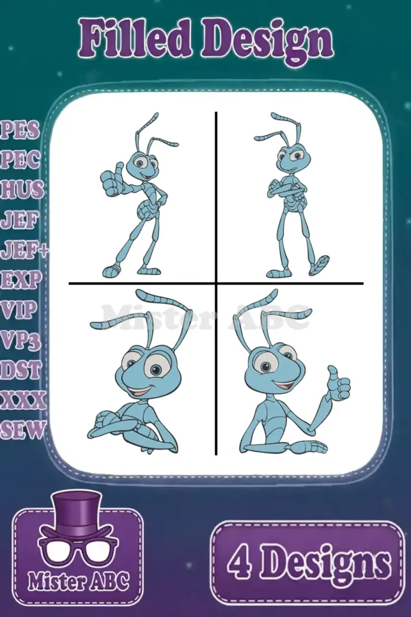Four vibrant filled embroidery designs featuring Flik from A Bug's Life in various poses, showcasing stitch formats.