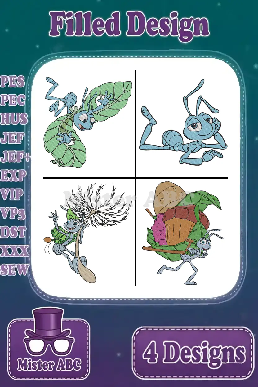 Main image showing four filled embroidery designs of Flik from Disney's A Bug's Life in various poses.