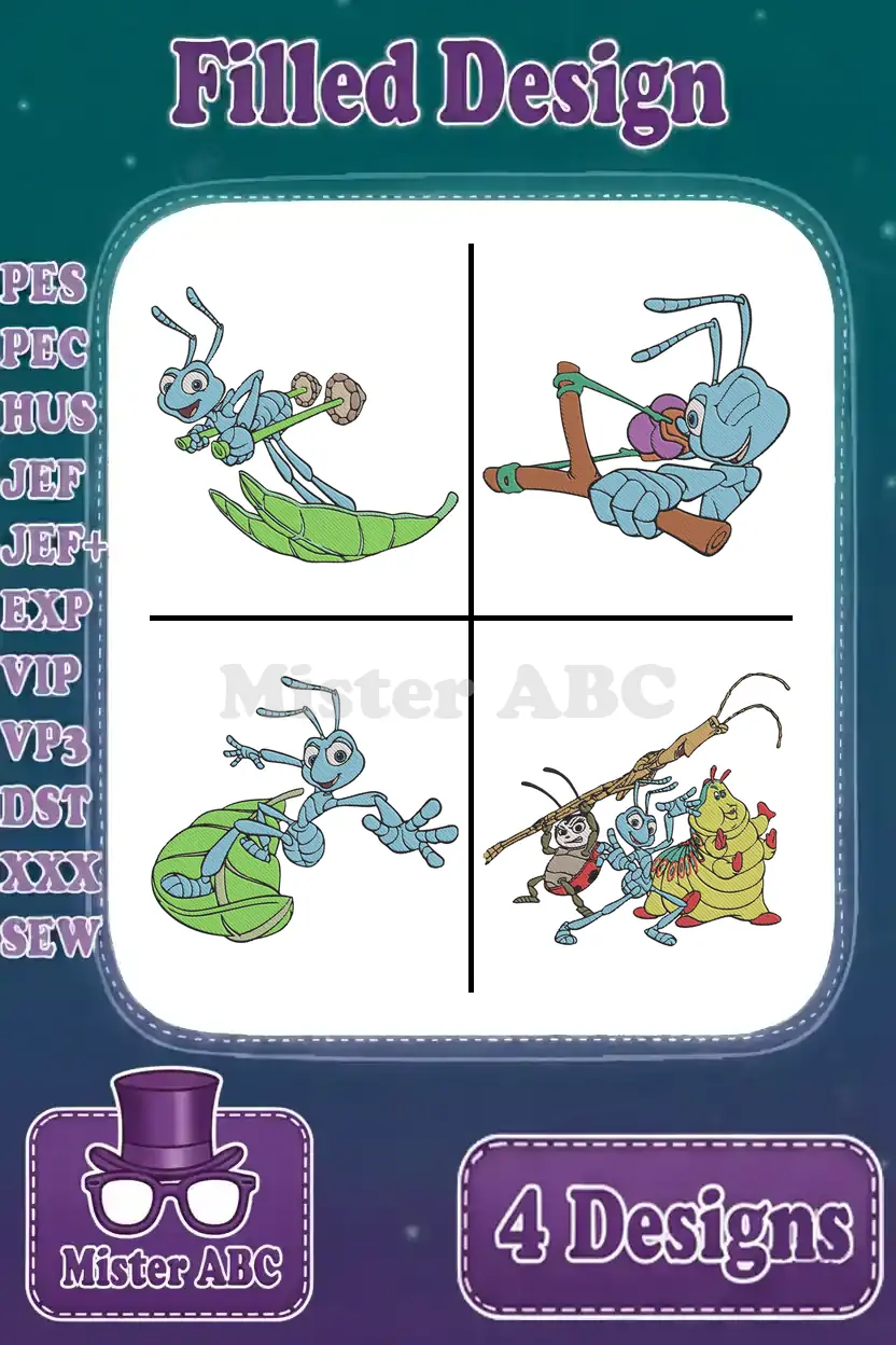 A vibrant collection of four filled embroidery designs featuring animated ant characters from a popular film.