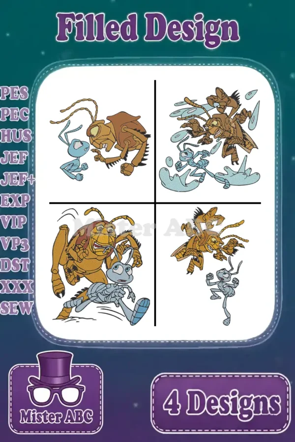 Main product image showing four distinct filled embroidery designs of Flik and Hopper from A Bug's Life in various action poses.